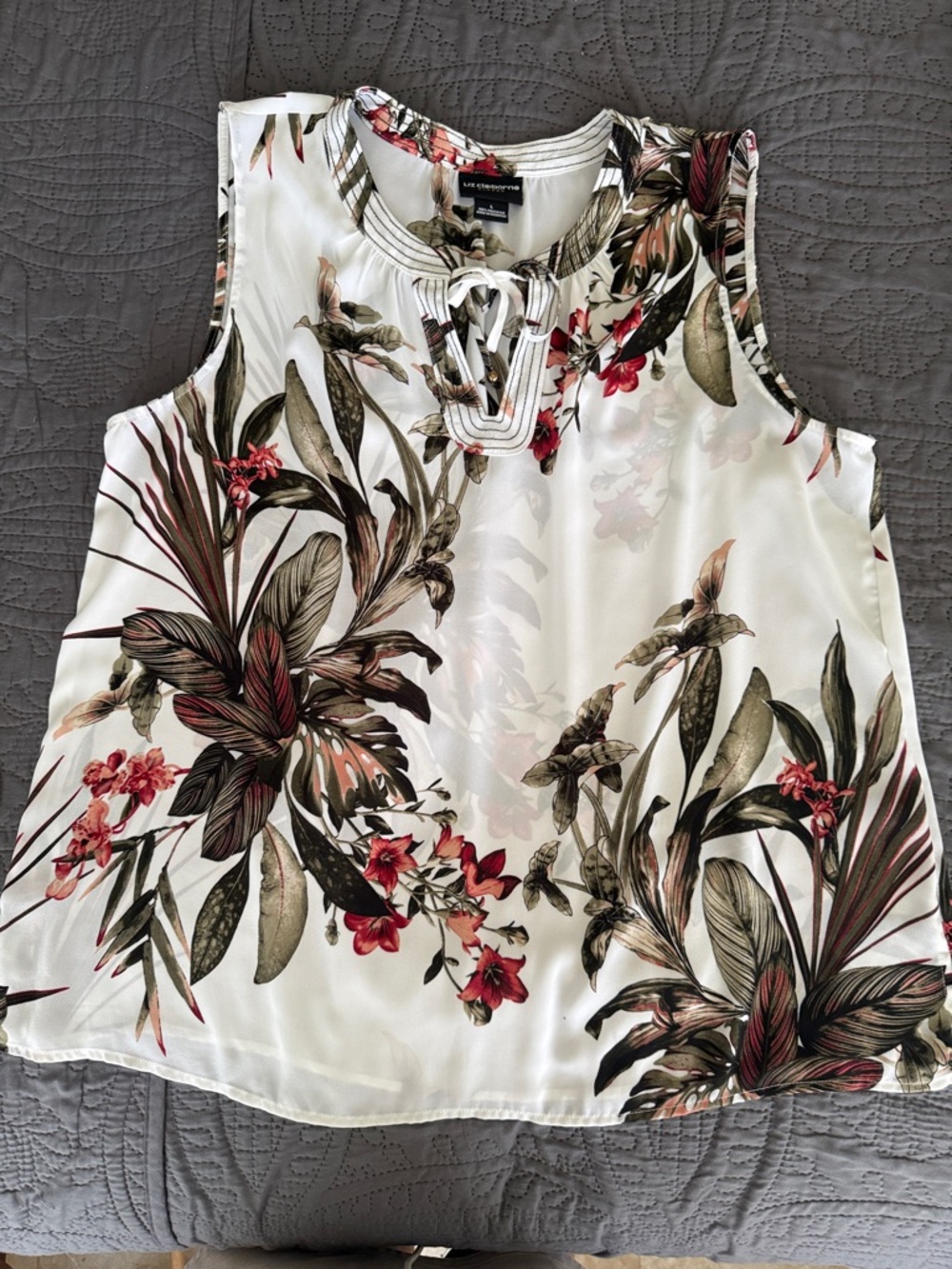 Liz Claiborne White Cream Floral Tie-Neck Sleeveless Top